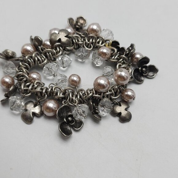 Vintage Silver Tone Charm Flower Bracelet With Faux Pearl Crystal Cha Cha - Picture 4 of 5